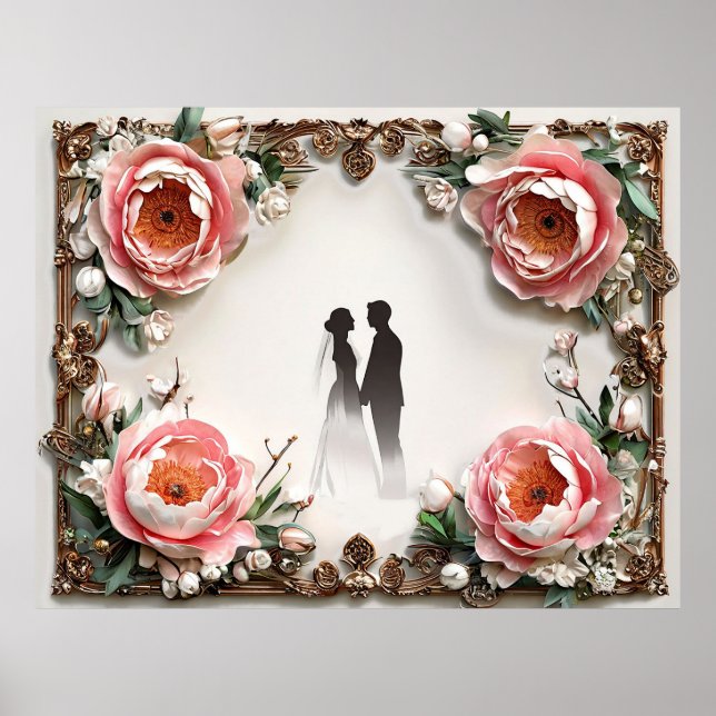 Romantiskt bröllopssilhuett i blomster ram poster (Framsidan)