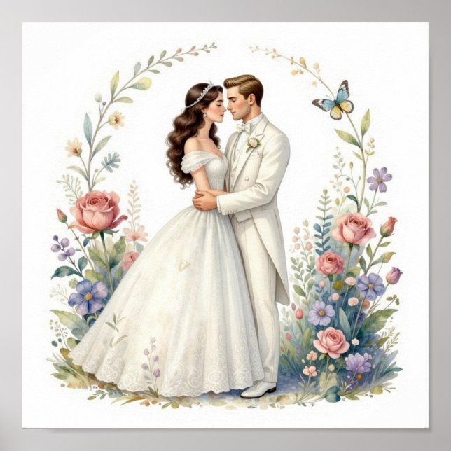 Romantiskt Brud Brudgum Blommig Elegant Bröllopspa Poster (Framsidan)
