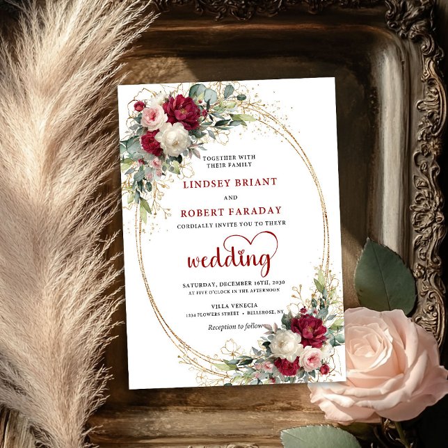 Romantiskt Burgunderrosa Blommig Bröllopsinbjudan Inbjudningar (Romantic Burgundy Blush Floral Wedding Invitation)