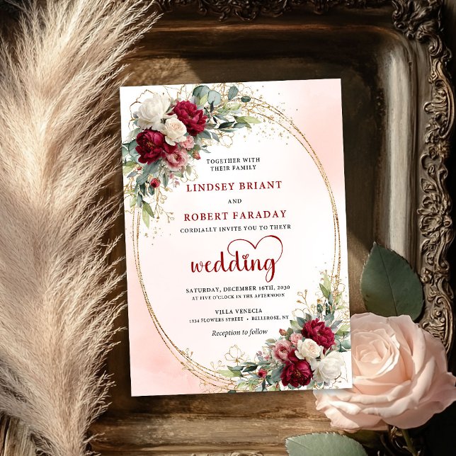 Romantiskt Burgundy Boho Blommigt Guld Bröllopsinb Inbjudningar (Romantic Burgundy Boho Floral Gold Wedding Invite)