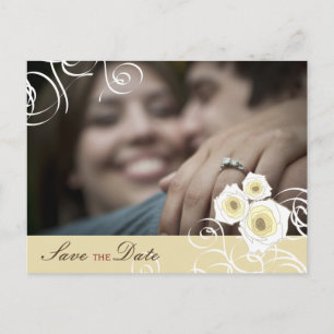Romantiskt Cream Ro & Swirls Photo Save Date Meddelande Vykort