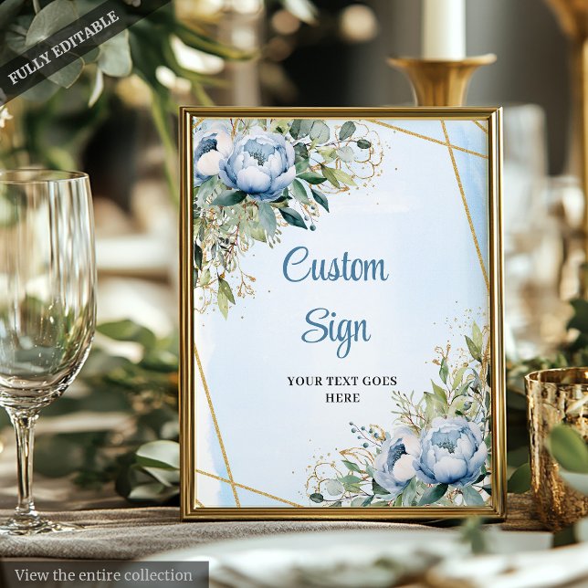 Romantiskt dammigt blått blomsterguld ram vigselsk poster (Romantic Dusty Blue Floral Gold Frame Wedding Sign)