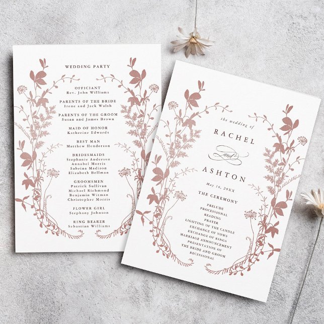 Romantiskt dammigt rosa botaniskt bröllopsceremoni program (Front & Back)