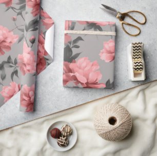 Romantiskt dammrosa kronskål grått blommönster presentpapper