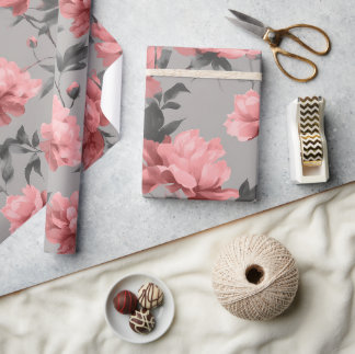 Romantiskt dammrosa kronskål grått blommönster presentpapper