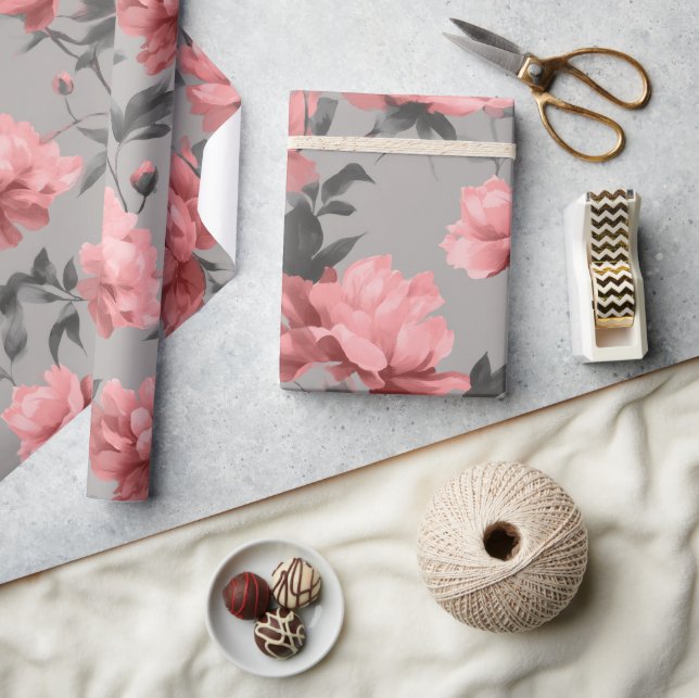 Romantiskt dammrosa kronskål grått blommönster presentpapper (Hantverk)