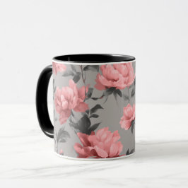 Romantiskt dammrosa peony grått blommönster mugg