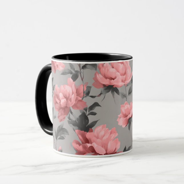Romantiskt dammrosa peony grått blommönster mugg (Framsida vänster)