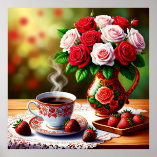Romantiskt dukat bord med rosor, kaffe poster