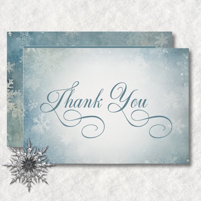 Romantiskt fallande Snö Blue White Wedening Recept Tack Kort (Romantic Falling Snow Blue White Wedding Reception Thank You Card)