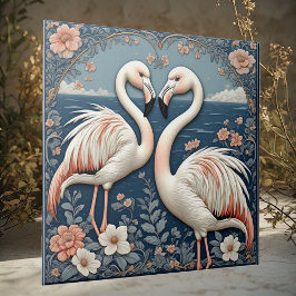 Romantiskt Flamingopar Art Deco Blått Damm Blommig Kakelplatta