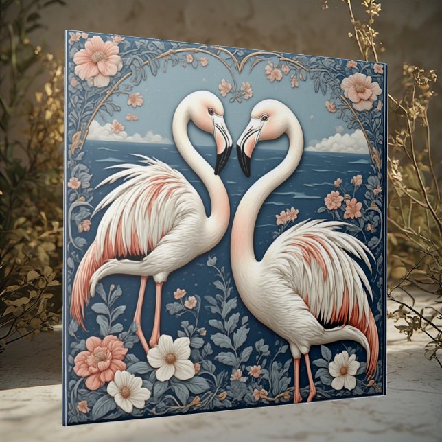 Romantiskt Flamingopar Art Deco Blått Damm Blommig Kakelplatta (Romantic Flamingo Couple Art Deco Blue Pond Floral Ceramic Tile)