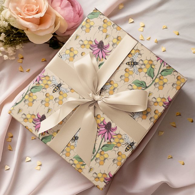 Romantiskt Guld Drottningbi, Bikupa & Blommor Presentpapper (Elegant Hand-Drawn Buzzing Queen Bee, Honeycomb & Pink Exotic Flower Gift Wrap for Nature Lovers.)