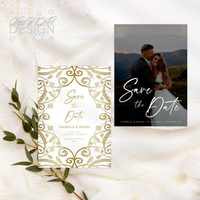 Romantiskt Guld Glitter Blommig Spets Bröllopsfoto Spara Datumet (Skapare uppladdad)