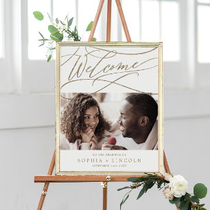 Romantiskt Guld Kalligrafi Foto Välkomstbröllop Poster