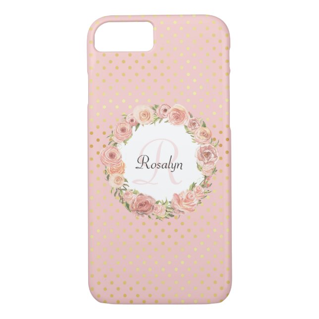 Romantiskt guld pruckit rosa blom- Monogrammed Case-Mate iPhone Skal (Baksida)