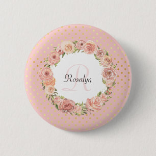Romantiskt guld pruckit rosa blom- Monogrammed Knapp