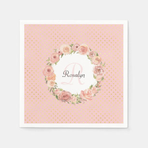 Romantiskt guld pruckit rosa blom- Monogrammed Pappersservett
