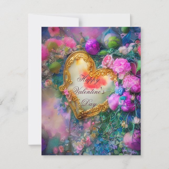 Romantiskt guldhjärta och blommor valentin julkort (Framsida)