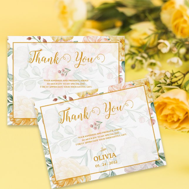 Romantiskt Gult Blommigt Bröllopsfest Tacksamt Vykort (Romantic Yellow Floral Bridal Shower Thank You Postcard)