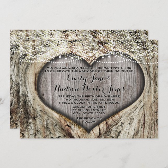 Romantiskt hjärta i Träd Trunk Forest Bröllop Inbjudningar (Fram/baksida)