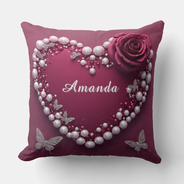 Romantiskt hjärta med pärlbård kudde (Framsida)