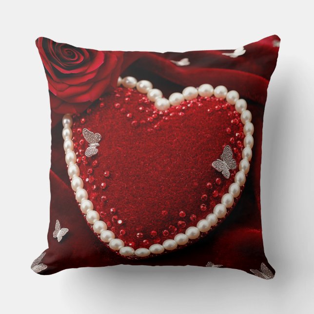 Romantiskt hjärta med pärlbård kudde (Framsida)