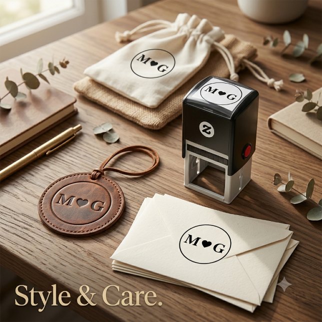 Romantiskt hjärta monogram självbläckande stämpel  (Romantic Heart Monogram self-inking stamp for Love)