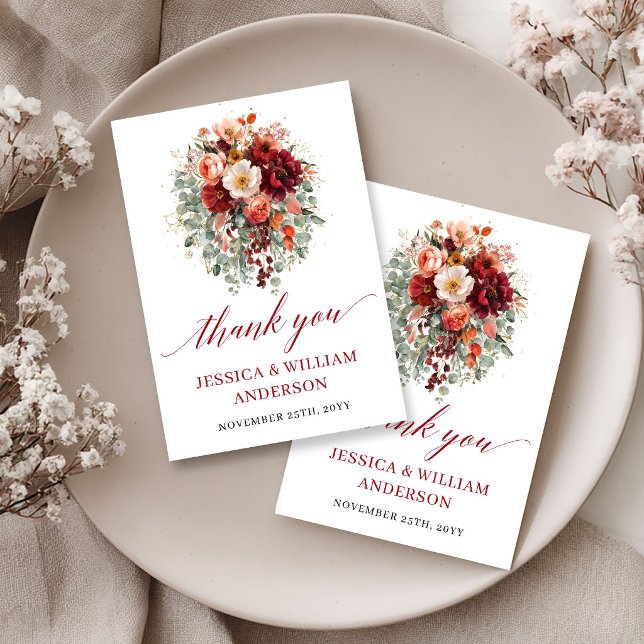 Romantiskt Höst Marsala Blommig Tacksamhetskort Tack Kort (Romantic Fall Marsala Floral Thank You Card

)