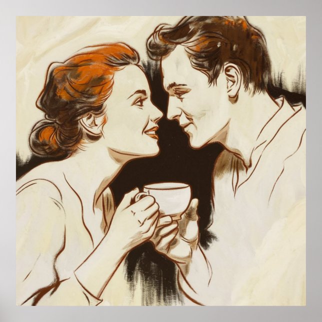 Romantiskt kaffedatum Par Sharing Sweet Glance Poster (Framsidan)