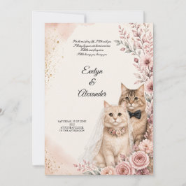 Romantiskt kattbröllop Rosa rosor Vattenfärg Bröll Inbjudningar