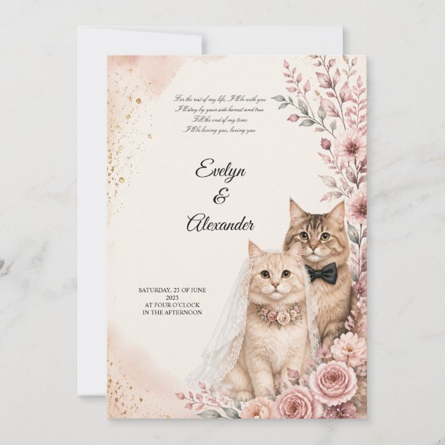 Romantiskt kattbröllop Rosa rosor Vattenfärg Bröll Inbjudningar (Framsida)
