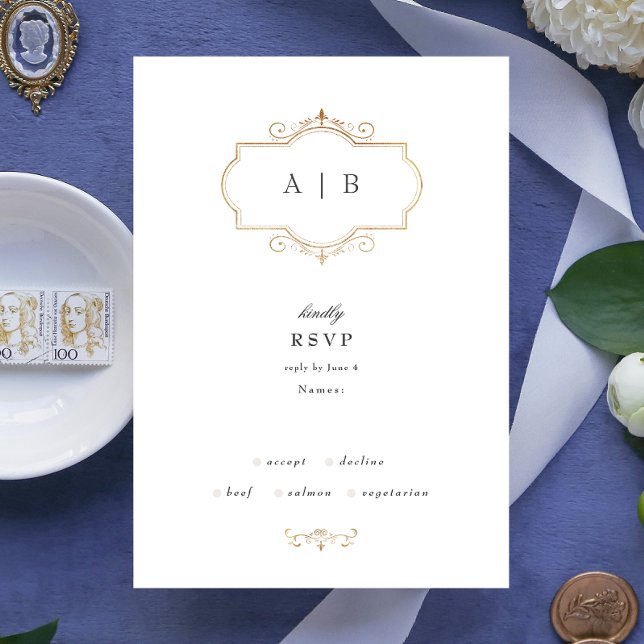 romantiskt klassiskt guld monogram bröllop OSA kort (Skapare uppladdad)