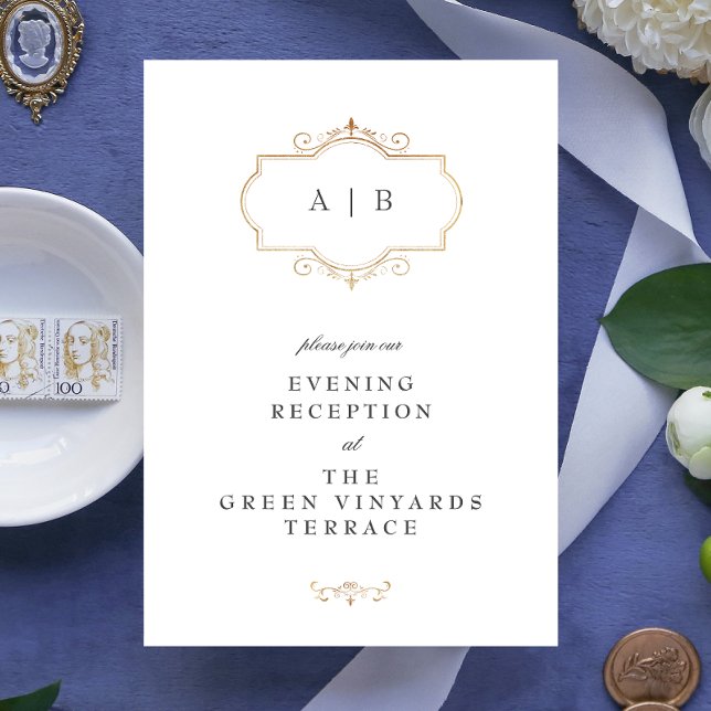 romantiskt klassiskt guld monogram bröllop tilläggskort (Skapare uppladdad)