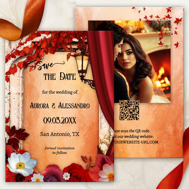 Romantiskt klassiskt italienskt fallfoto Spara dat Spara Datumet (Romantic classic Italian wedding Save the Date card showing a Roman arch with a lantern and flowers)