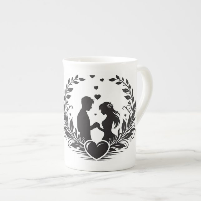 Romantiskt Koppel Siluett Kaffe Mugg Benporslin Mugg (Framsida höger)