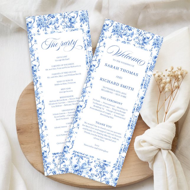 Romantiskt kungligt blått Toile de Jouy bröllopspr Program (Romantic Royal Blue Toile de Jouy Wedding Program)