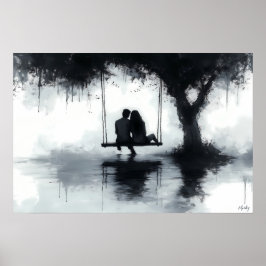 Romantiskt kvällspar på en gunga under trädet poster