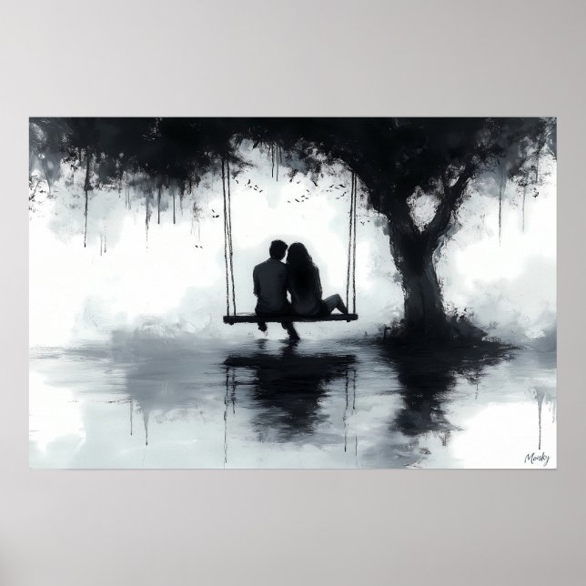 Romantiskt kvällspar på en gunga under trädet poster (Framsidan)