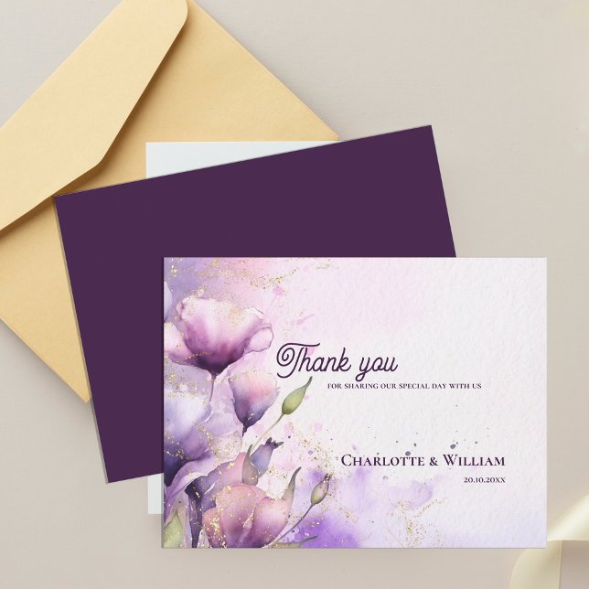 Romantiskt Lavendel Blommig Guld Bröllop Tack Vykort (Romantic Lavender Floral Gold Wedding Thank You Postcard)