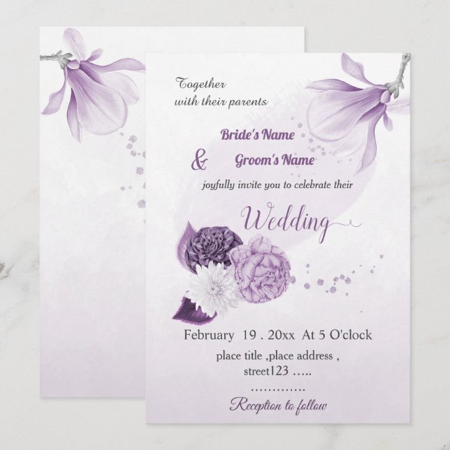 romantiskt lila blommor botaniskt bröllop inbjudningar (Fram/baksida)