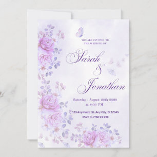 💐Romantiskt lila bröllopsinbjudan med blommor Meddelande