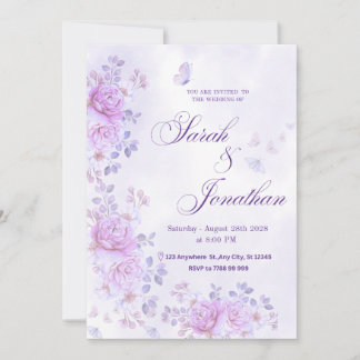 💐Romantiskt lila bröllopsinbjudan med blommor Meddelande