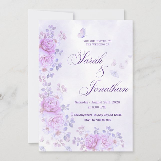 💐Romantiskt lila bröllopsinbjudan med blommor Meddelande (Framsida)