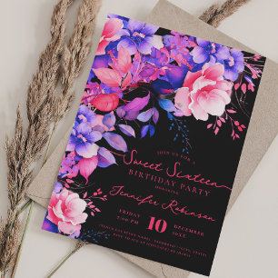 Romantiskt lila Floral Sweet 16 Birthday Black Inbjudningar