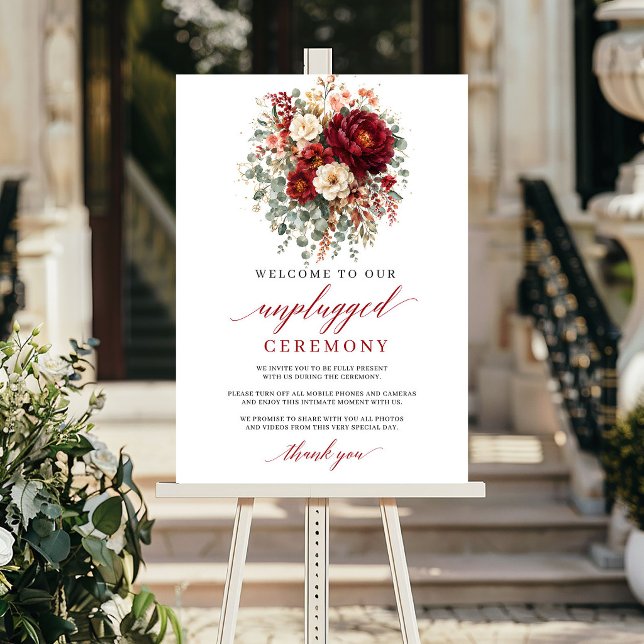 Romantiskt Maroon Höst Unplugged Ceremoni Skylt (Romantic Maroon Autumn Unplugged Ceremony Sign

)