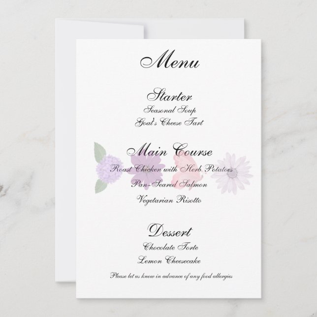Romantiskt Meny Kort med Vilda Blommor och Fjärila (Framsida)