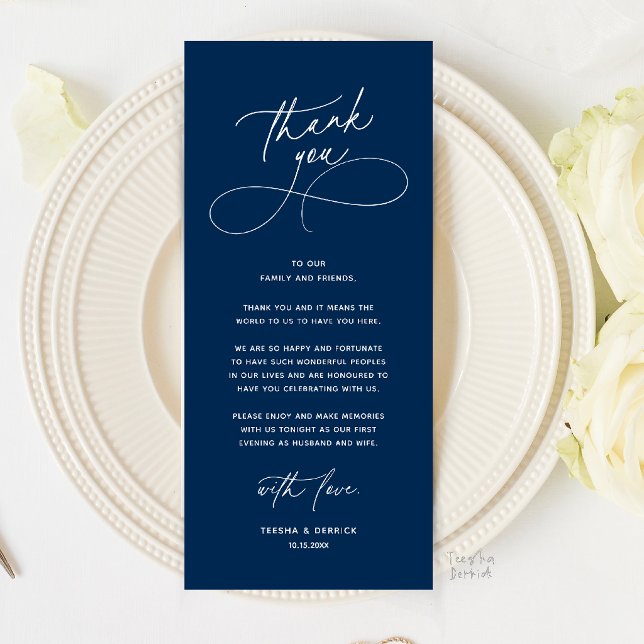 Romantiskt Middagsbord För Två Tack Kort (Romantic Wedding Place Setting Thank You Card in Navy Blue)