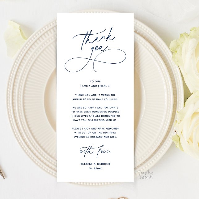 Romantiskt Middagskort För Tack För Platsinställni Program (Romantic Wedding Place Setting Thank You Card in Navy Blue)