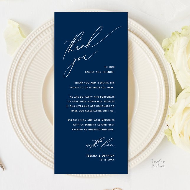 Romantiskt Modernt Bröllopsmiddag Tackkort Program (Romantic Modern Wedding Reception Dinner Thank You Card in Navy Blue)